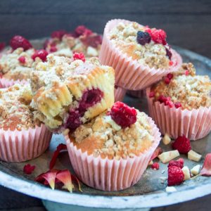 Bakery style white chocolate raspberry muffins